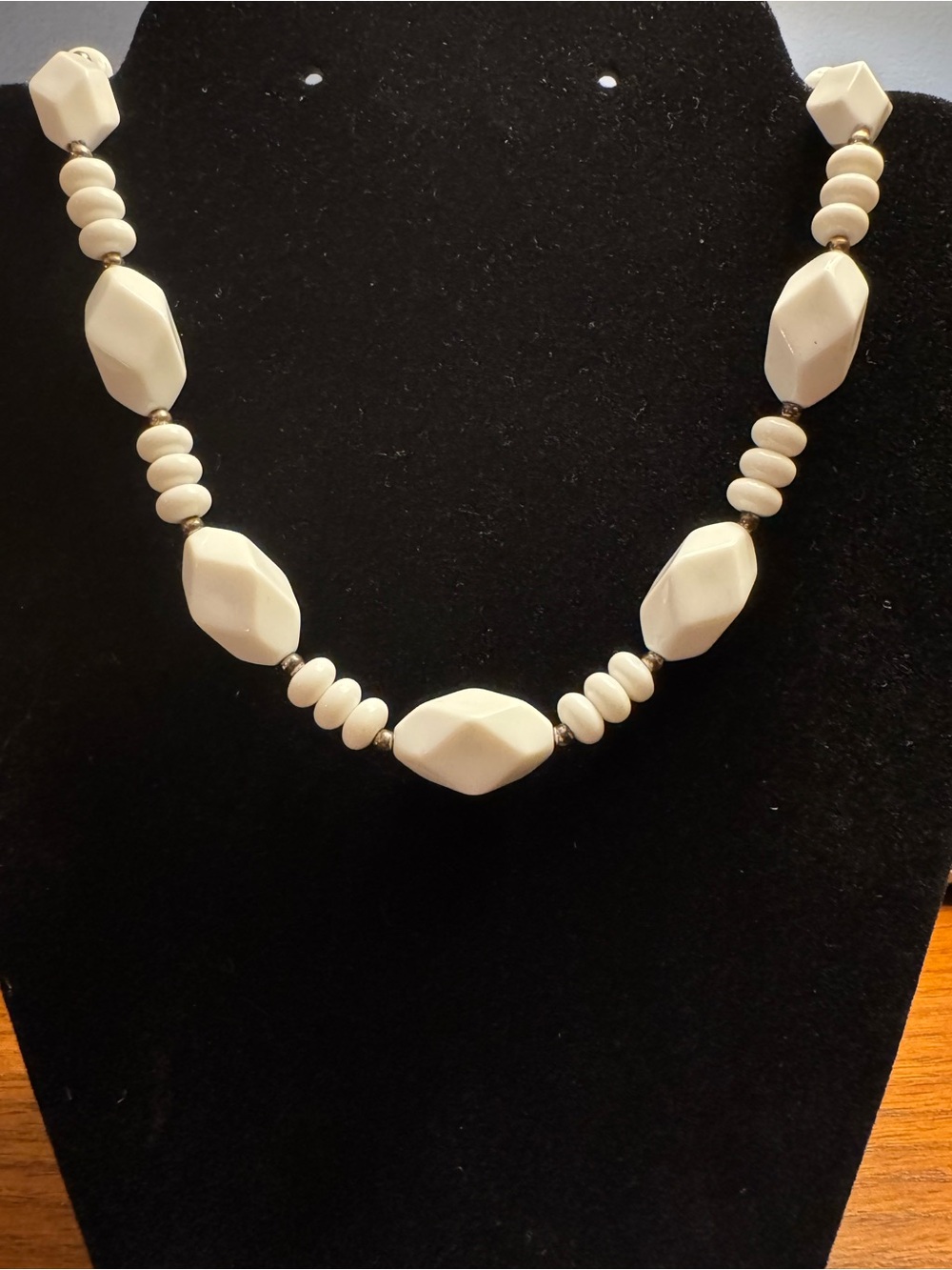 Vintage White Acrylic Geometric Beaded Necklace - 21”